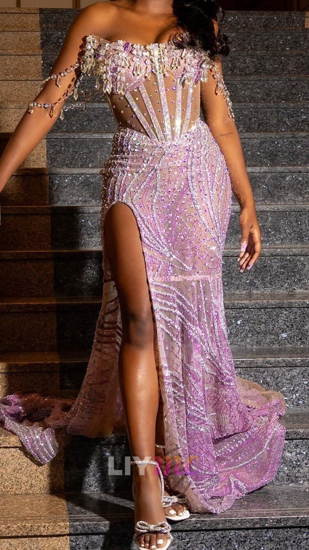 Off-Shoulder Beaded Embroidery Sparkly Mermaid Prom Dress