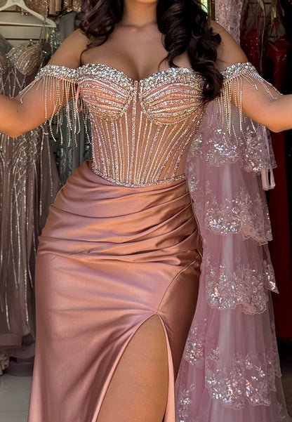 Off-Shoulder Beaded Finge Side Slit Sheath Prom Dress