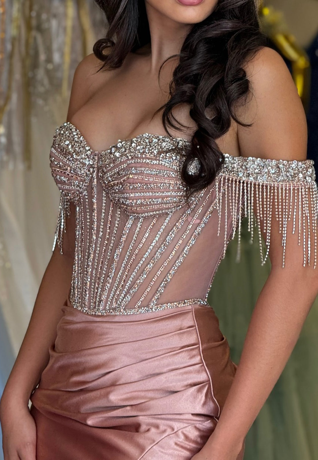 Off-Shoulder Beaded Finge Side Slit Sheath Prom Dress