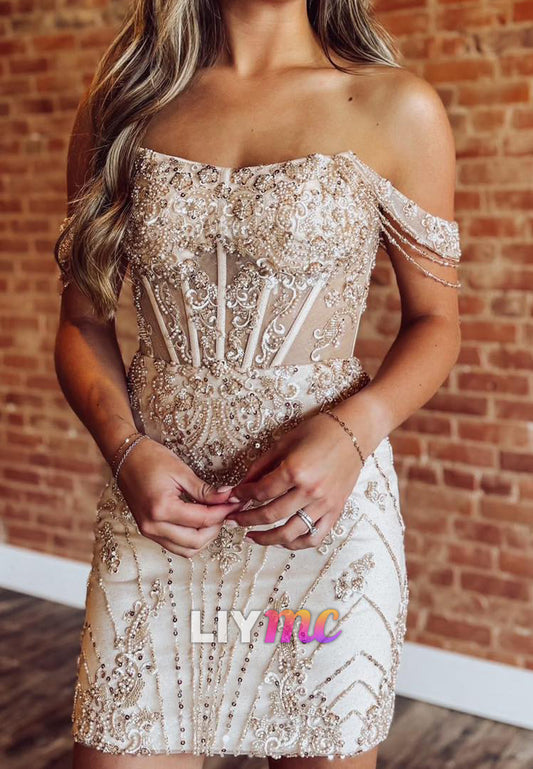 Off-Shoulder Beaded Fitted Sheath Party Homecoming Dress