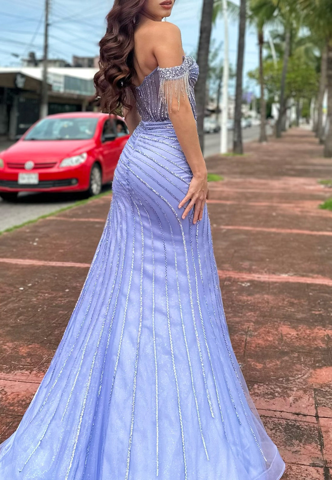 Off-Shoulder Beaded Fringe High Slit Sparkly Prom Dress