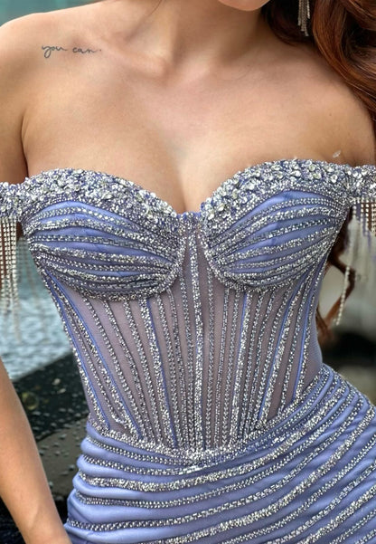 Off-Shoulder Beaded Fringe High Slit Sparkly Prom Dress