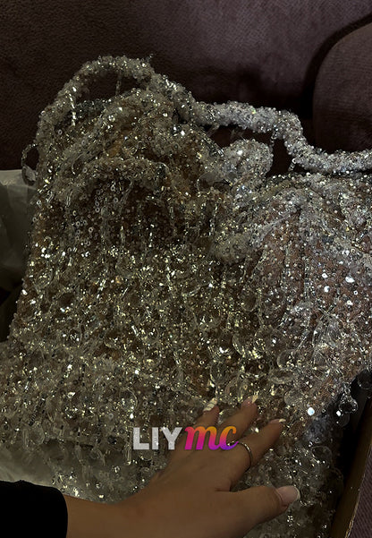 Off-Shoulder Beaded Fringe Sequins Sparkly Sheath Prom Dress