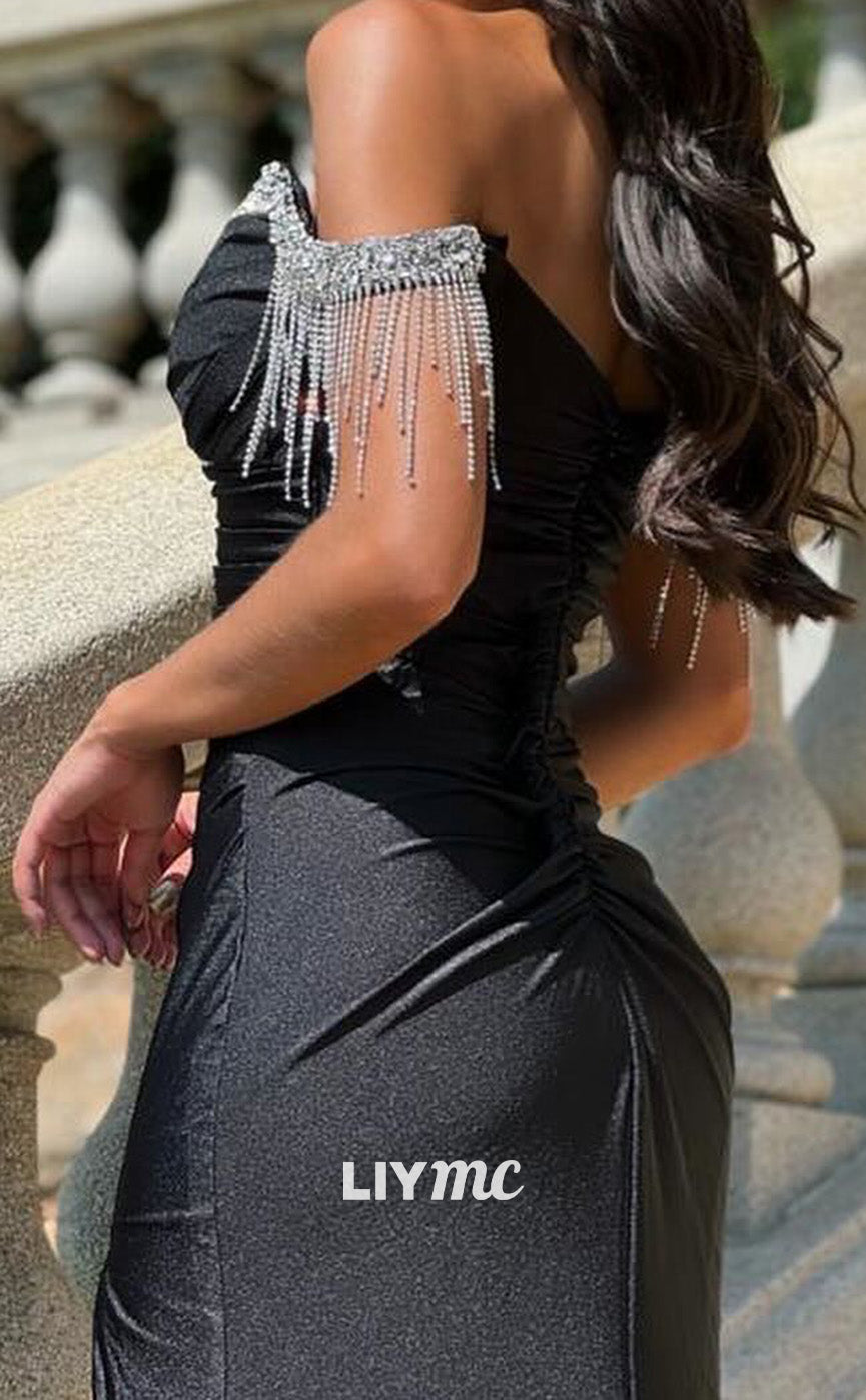 LP2006 - Off-Shoulder Beaded Fringe Sleek Satin Mermaid Prom Dress