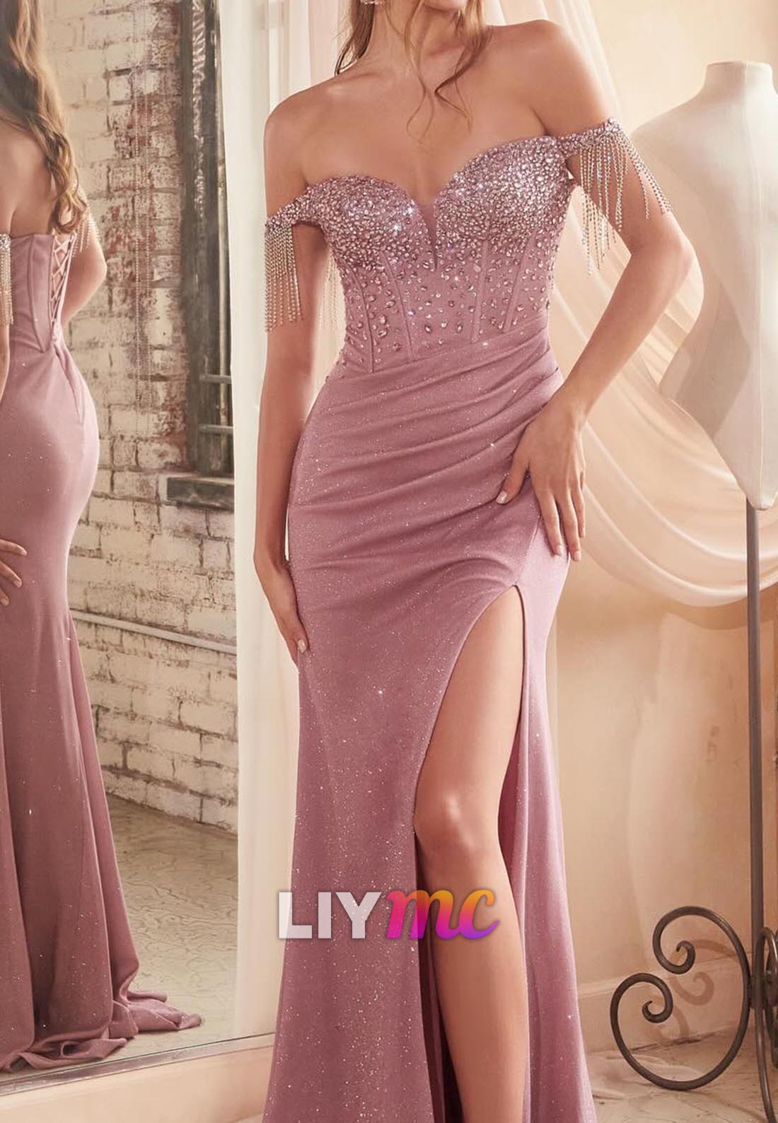 Off-Shoulder Beaded Pleated Sheath Prom Dress