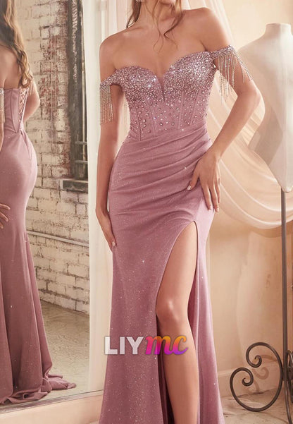 Off-Shoulder Beaded Pleated Sheath Prom Dress