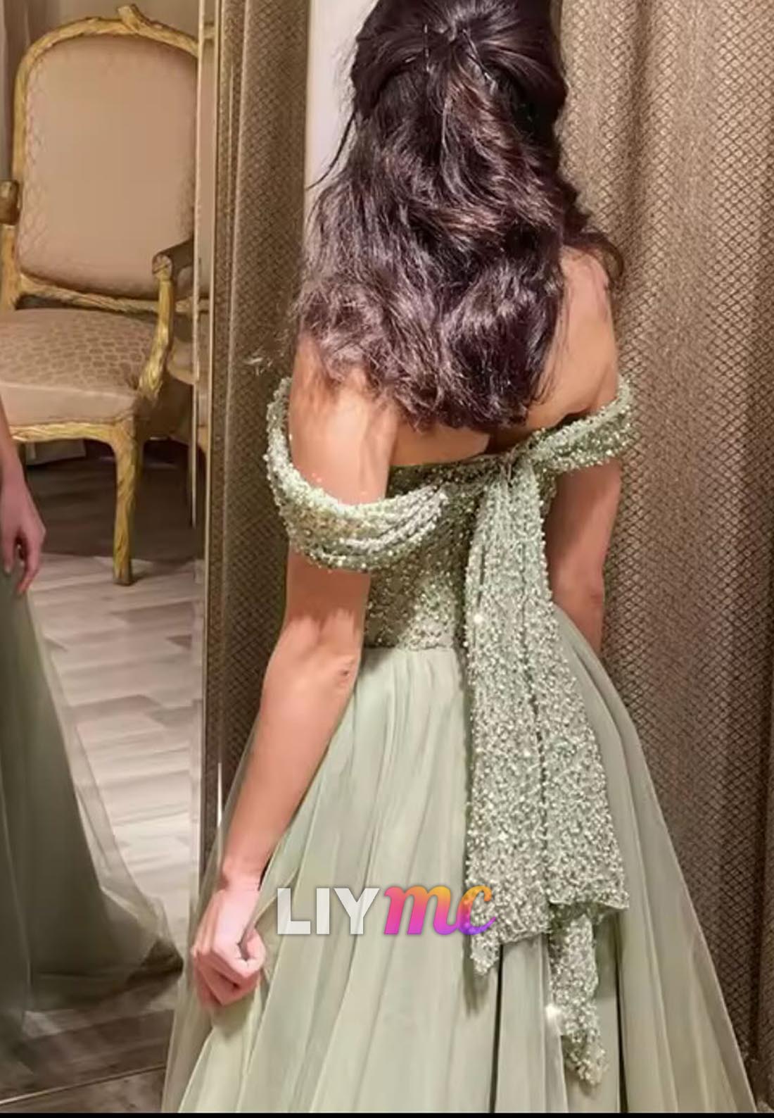 Off-Shoulder Beaded Pleated Tulle A-Line Prom Dress