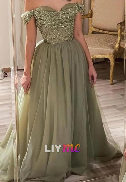 Off-Shoulder Beaded Pleated Tulle A-Line Prom Dress