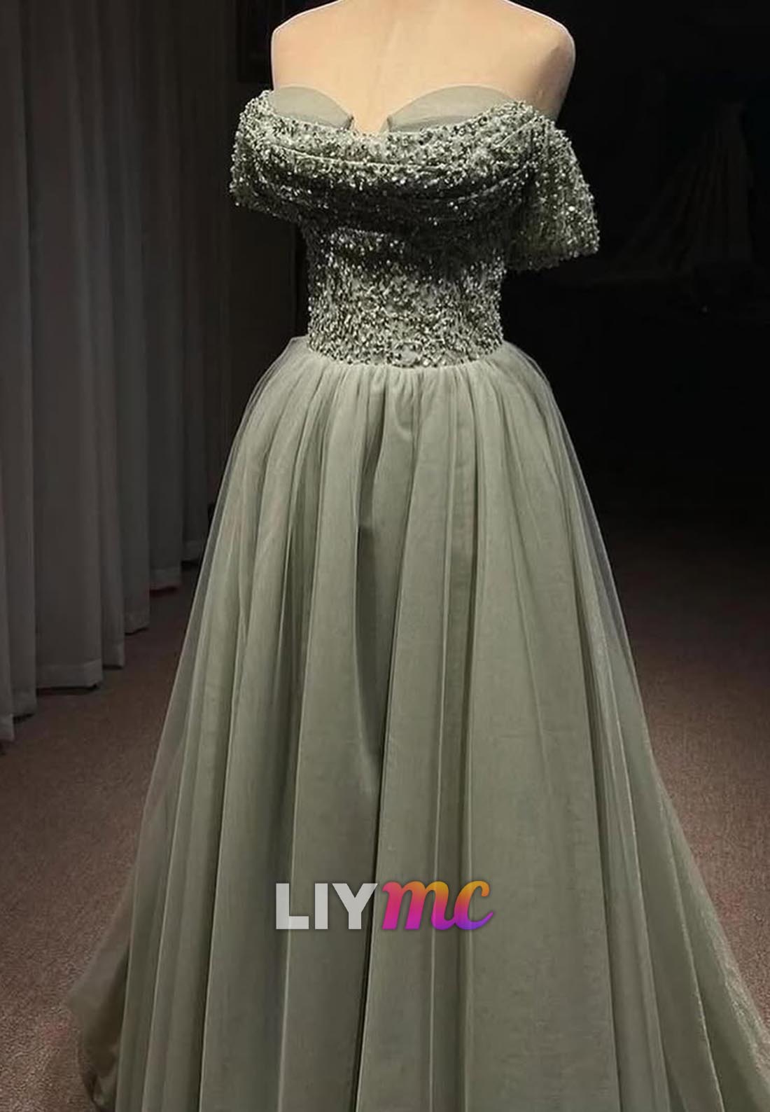 Off-Shoulder Beaded Pleated Tulle A-Line Prom Dress
