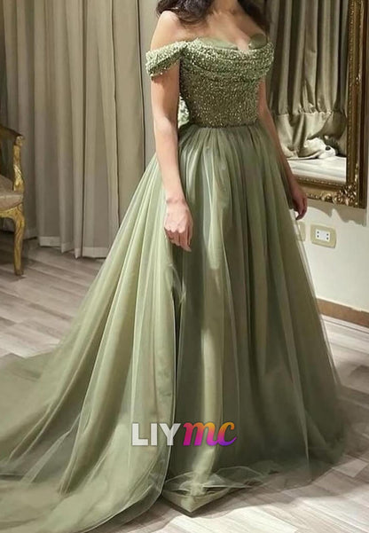 Off-Shoulder Beaded Pleated Tulle A-Line Prom Dress