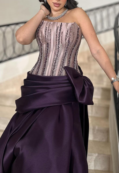 Off-Shoulder Beaded Ruched Bowknot Satin A-Line Evening Dress