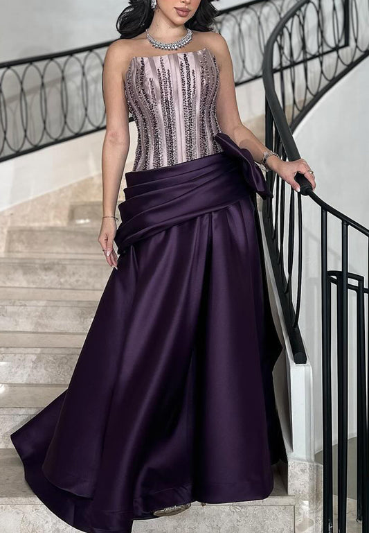 Off-Shoulder Beaded Ruched Bowknot Satin A-Line Evening Dress