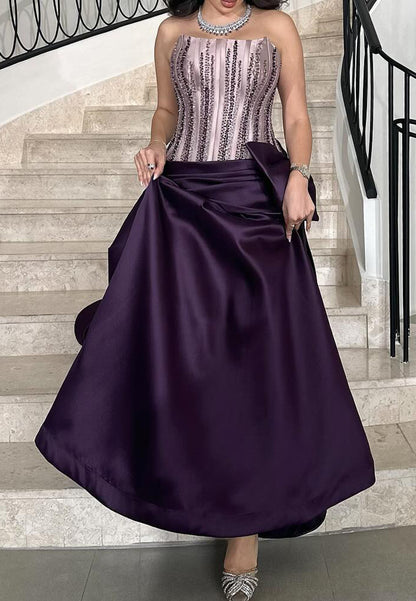 Off-Shoulder Beaded Ruched Bowknot Satin A-Line Evening Dress