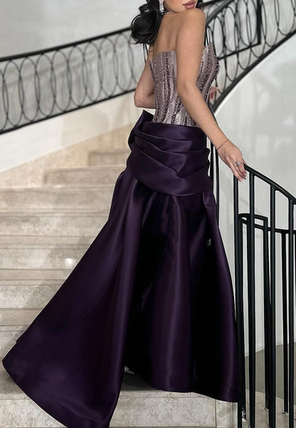 Off-Shoulder Beaded Ruched Bowknot Satin A-Line Evening Dress