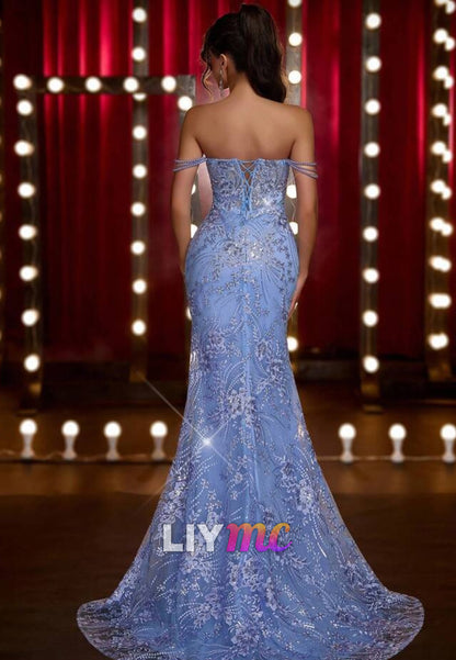 Off-Shoulder Beaded Sequins Appliques Mermaid Prom Dress