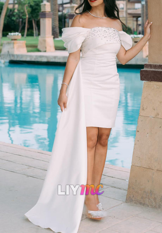 Off-Shoulder Beaded Sheath Knee-Length Wedding Dress