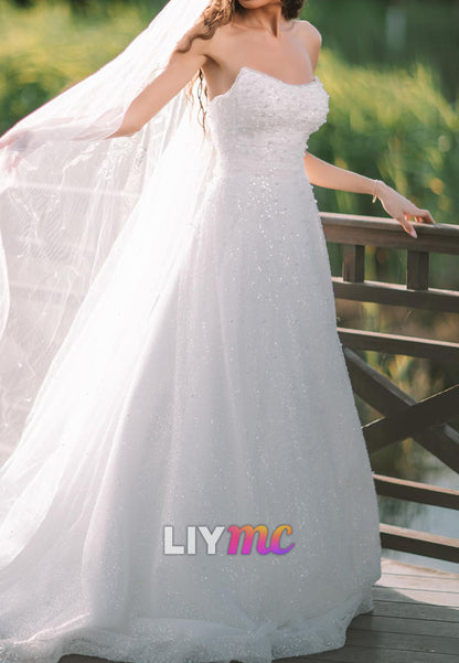 Off-Shoulder Beaded Sparkly A-Line Wedding Dress