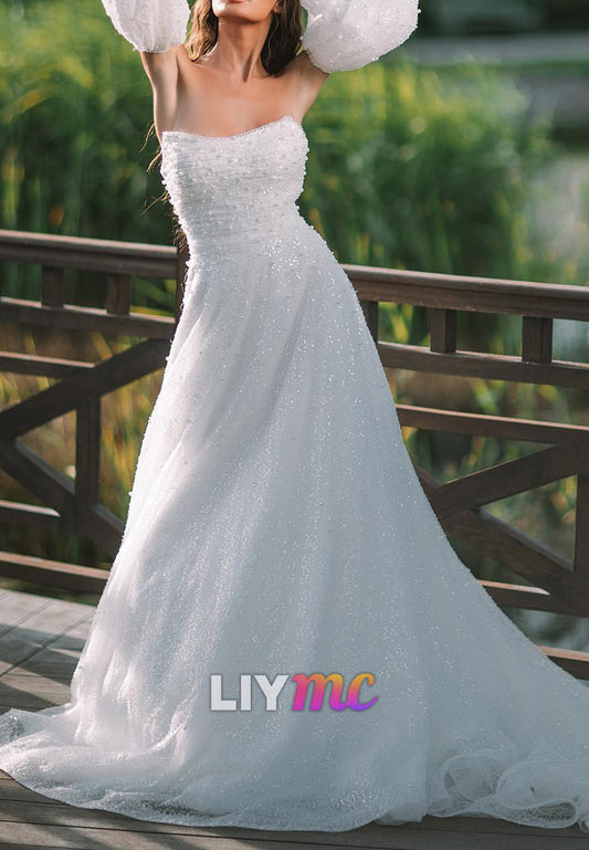Off-Shoulder Beaded Sparkly A-Line Wedding Dress