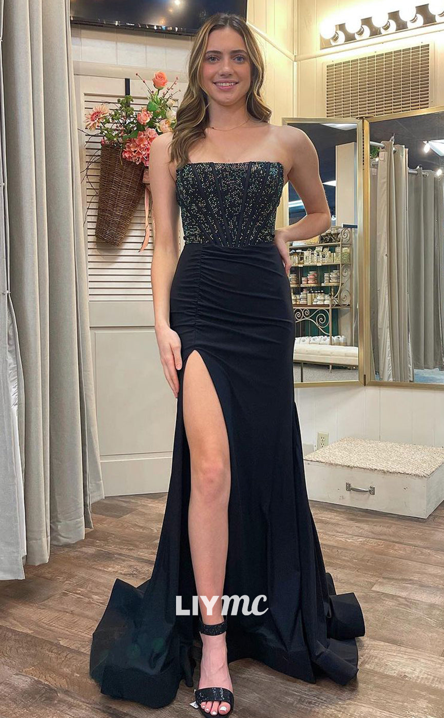 LP1331 - Off-Shoulder Black Satin Sleek Side Slit Mermaid Prom Dress