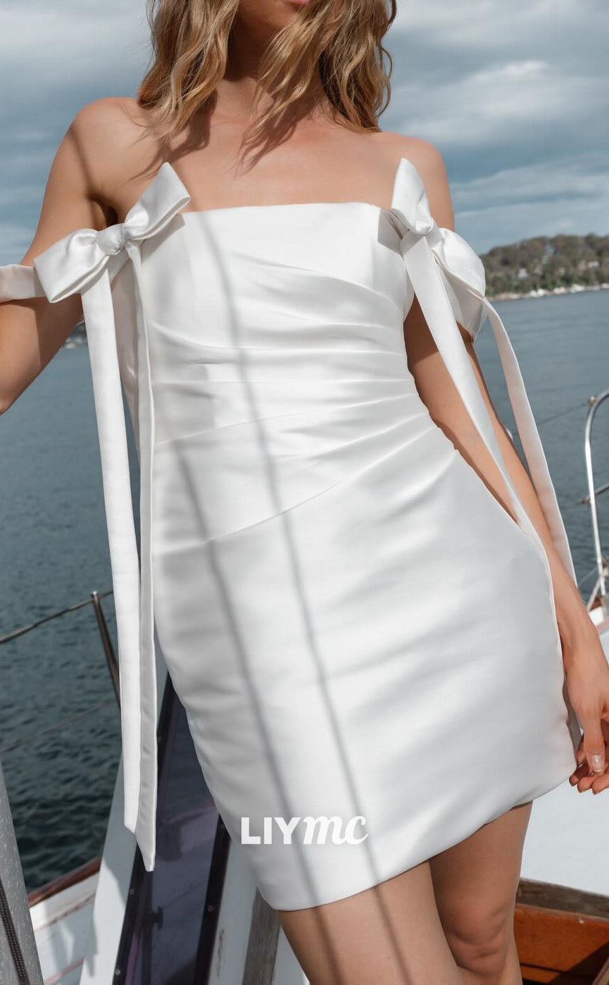 LW882 - Off-Shoulder Bowknots Sleek Satin Pleated Short Beach Wedding Dress