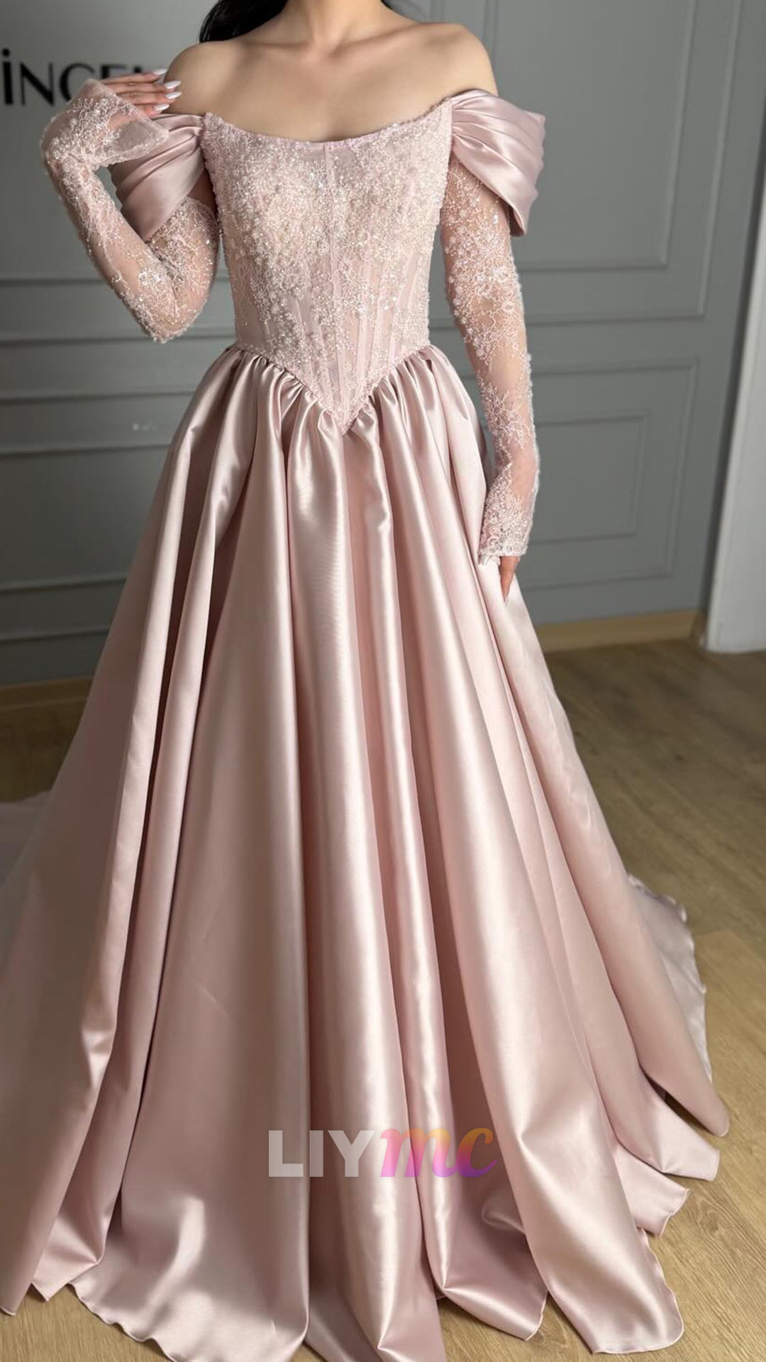 Off-Shoulder Cap Sleeves Appliques Satin A-Line Prom Dress