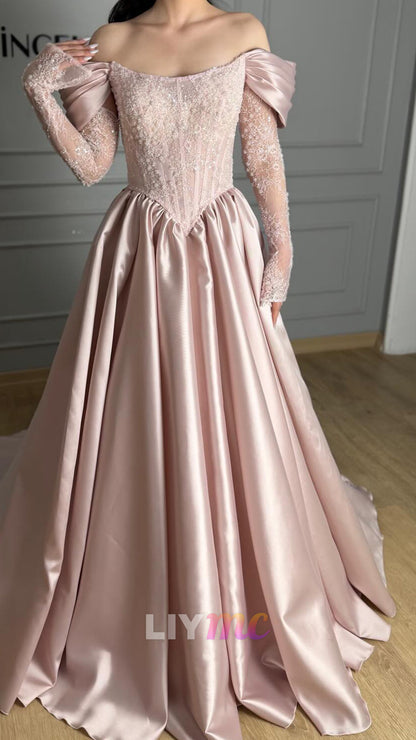 Off-Shoulder Cap Sleeves Appliques Satin A-Line Prom Dress