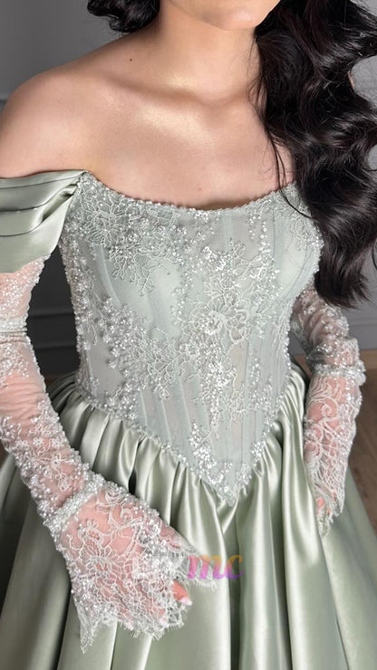 Off-Shoulder Cap Sleeves Appliques Satin A-Line Prom Dress