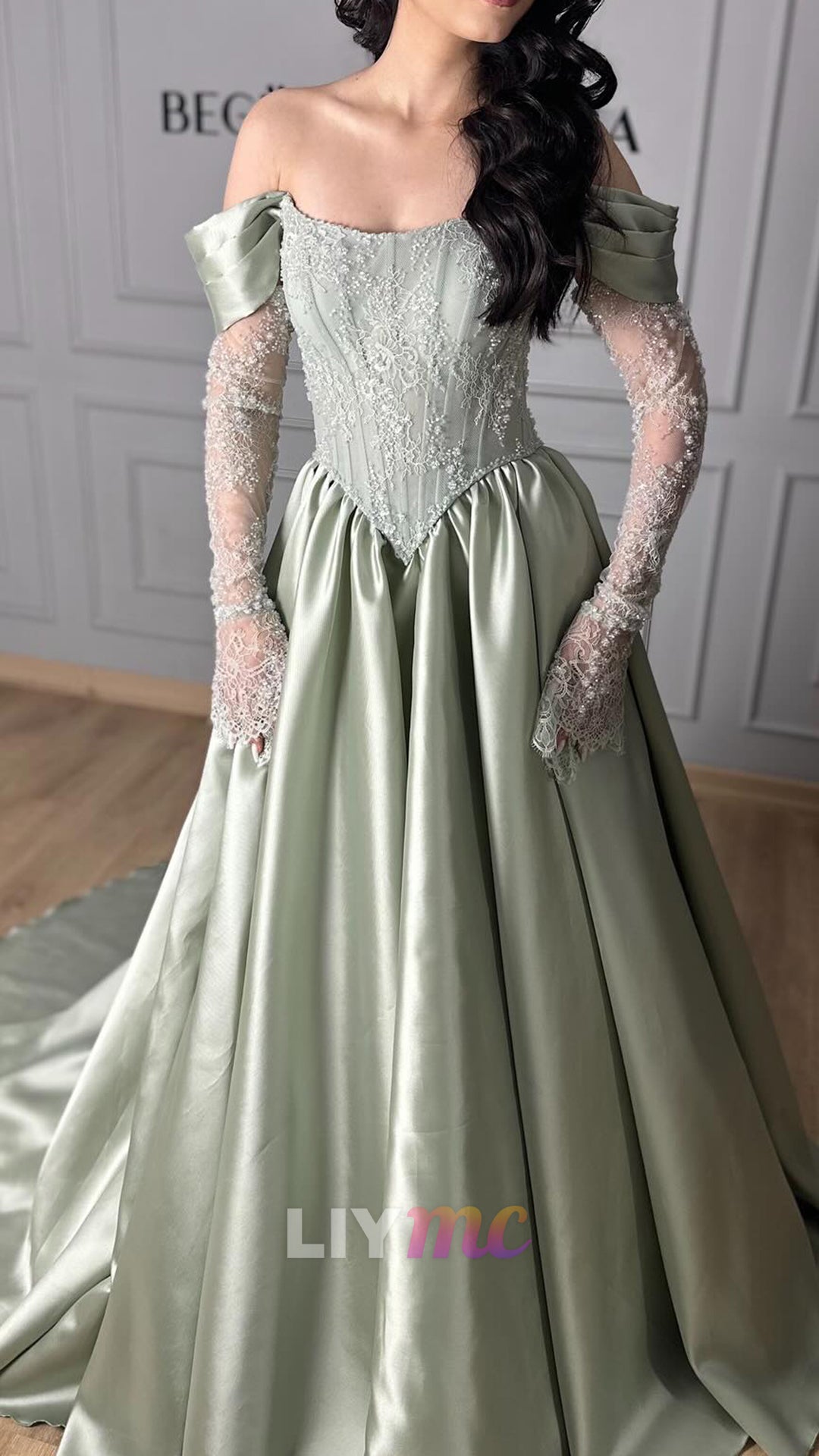 Off-Shoulder Cap Sleeves Appliques Satin A-Line Prom Dress