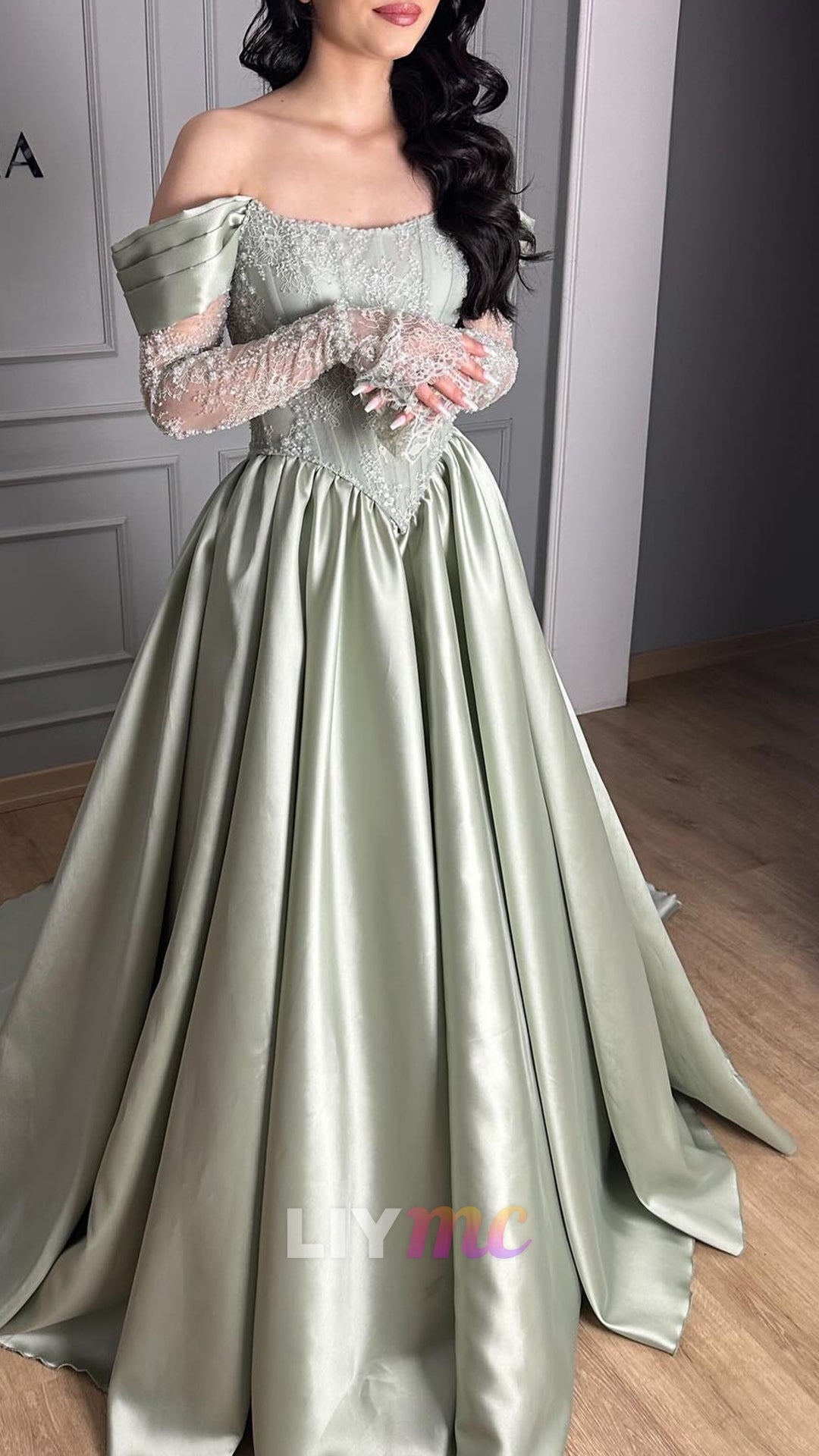 Off-Shoulder Cap Sleeves Appliques Satin A-Line Prom Dress
