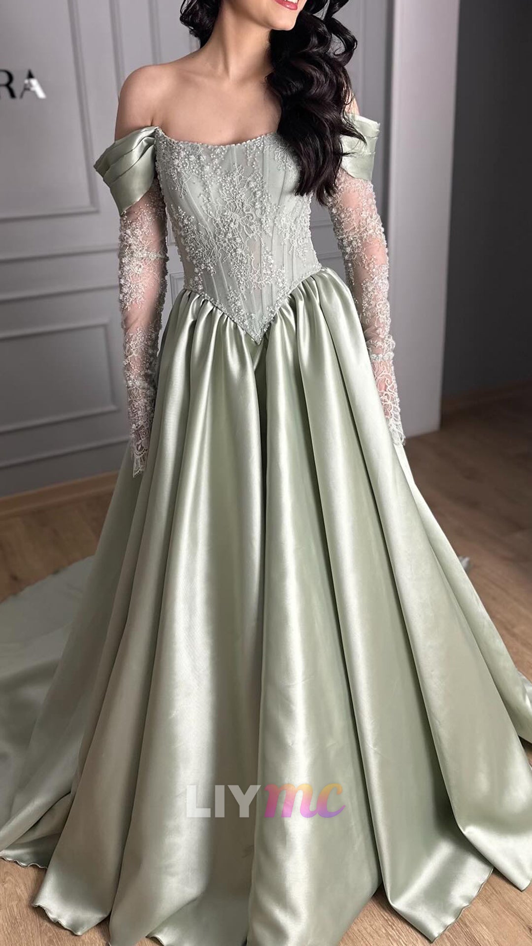 Off-Shoulder Cap Sleeves Appliques Satin A-Line Prom Dress