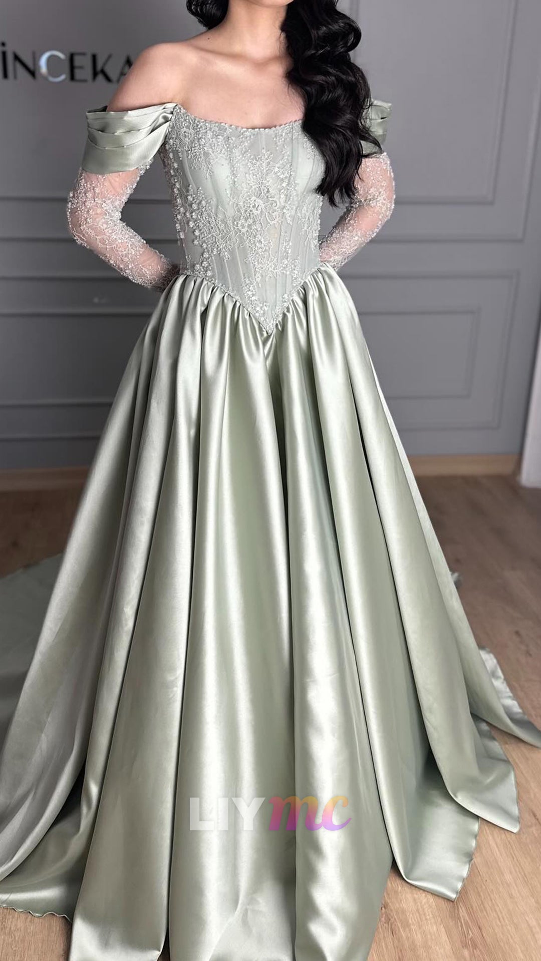 Off-Shoulder Cap Sleeves Appliques Satin A-Line Prom Dress