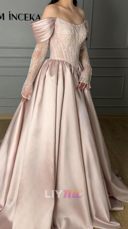 Off-Shoulder Cap Sleeves Appliques Satin A-Line Prom Dress
