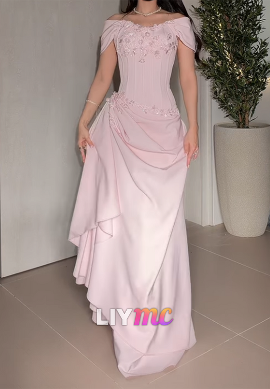 Off-Shoulder Cap Sleeves Beaded A-Line Prom Dress