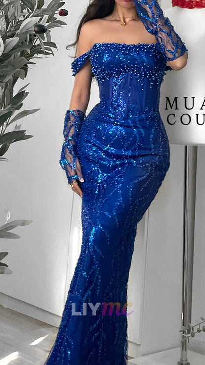 Off-Shoulder Cap Sleeves Beaded Embroidery Mermaid Prom Dress