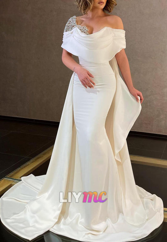Off-Shoulder Cap Sleeves Beaded Sleek Mermaid Wedding Dress