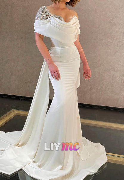 Off-Shoulder Cap Sleeves Beaded Sleek Mermaid Wedding Dress