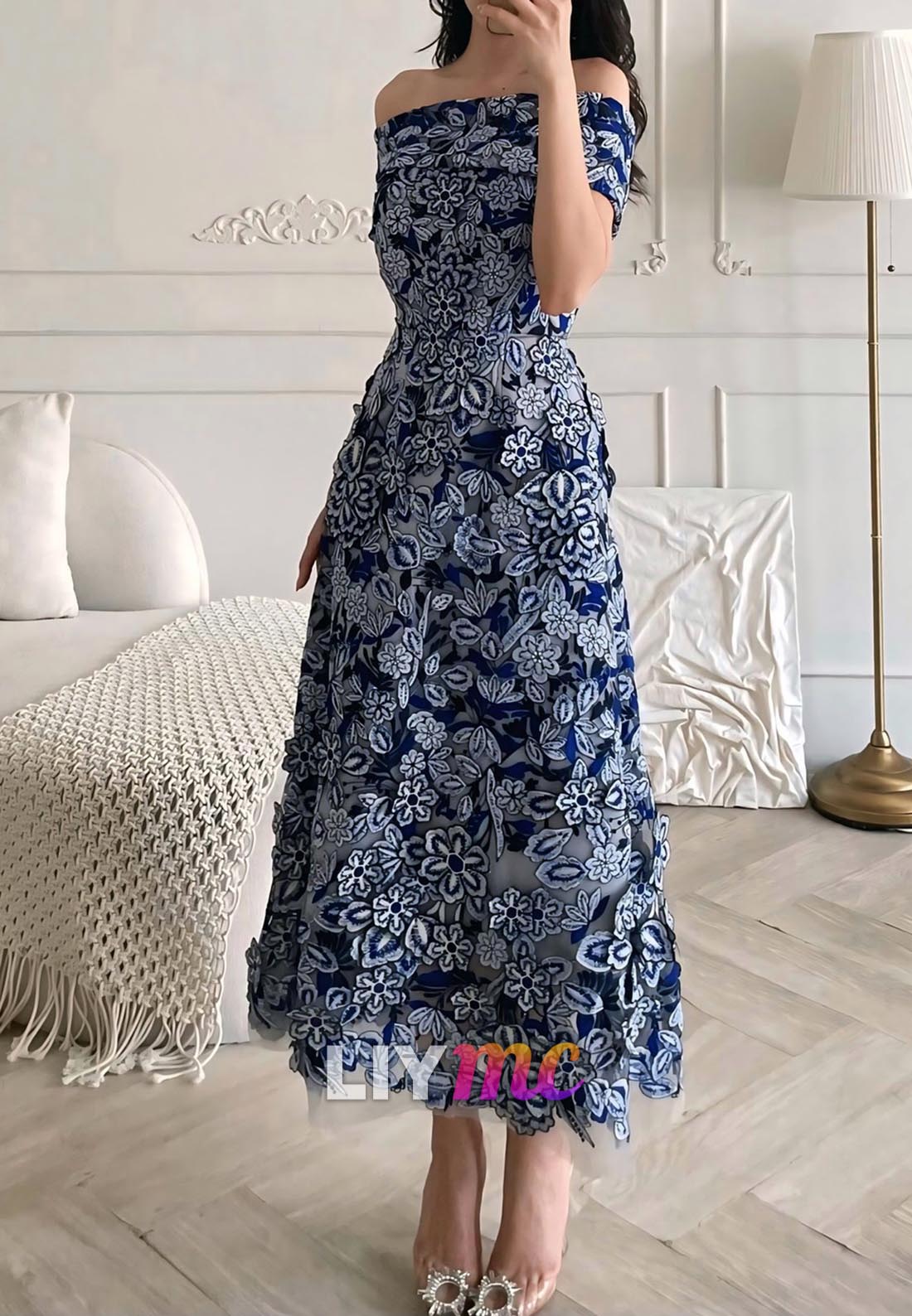 Off-Shoulder Cap Sleeves Floral Appliques A-Line Mother of Bride Dress