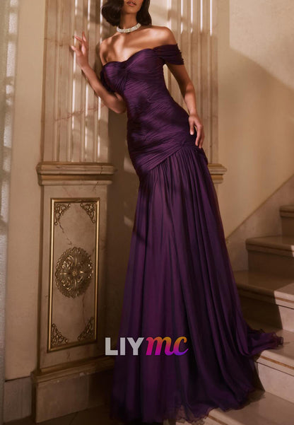 Off-Shoulder Cap Sleeves Pleated A-Line Evening Dress