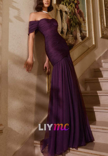 Off-Shoulder Cap Sleeves Pleated A-Line Evening Dress