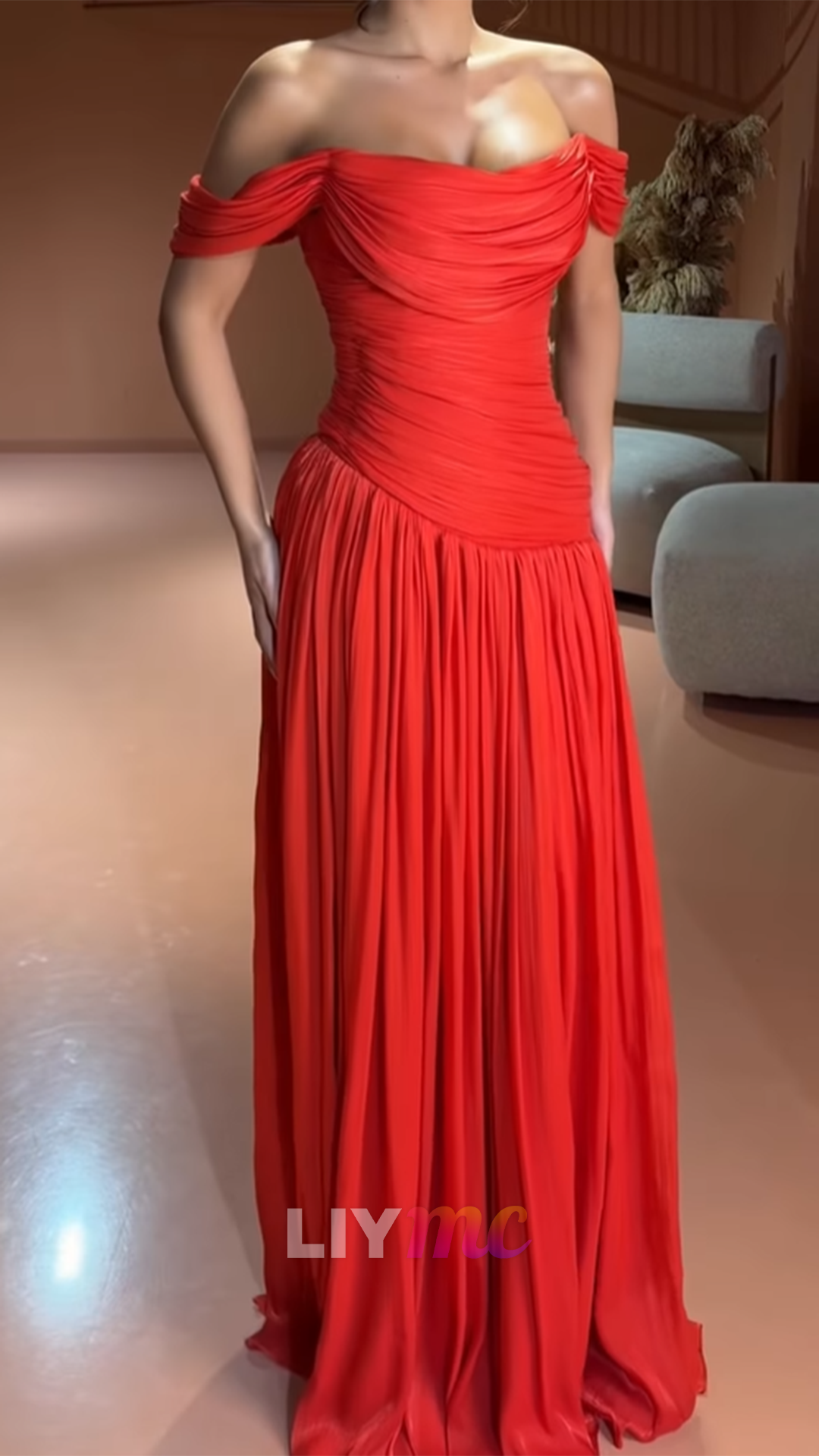 Off-Shoulder Cap Sleeves Pleated A-Line Prom Dress