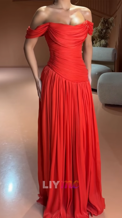 Off-Shoulder Cap Sleeves Pleated A-Line Prom Dress