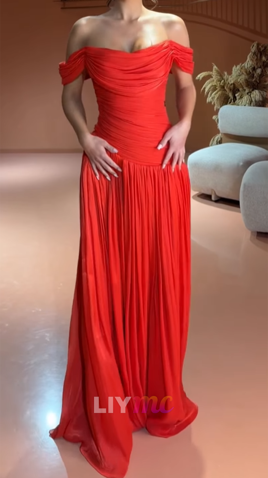 Off-Shoulder Cap Sleeves Pleated A-Line Prom Dress