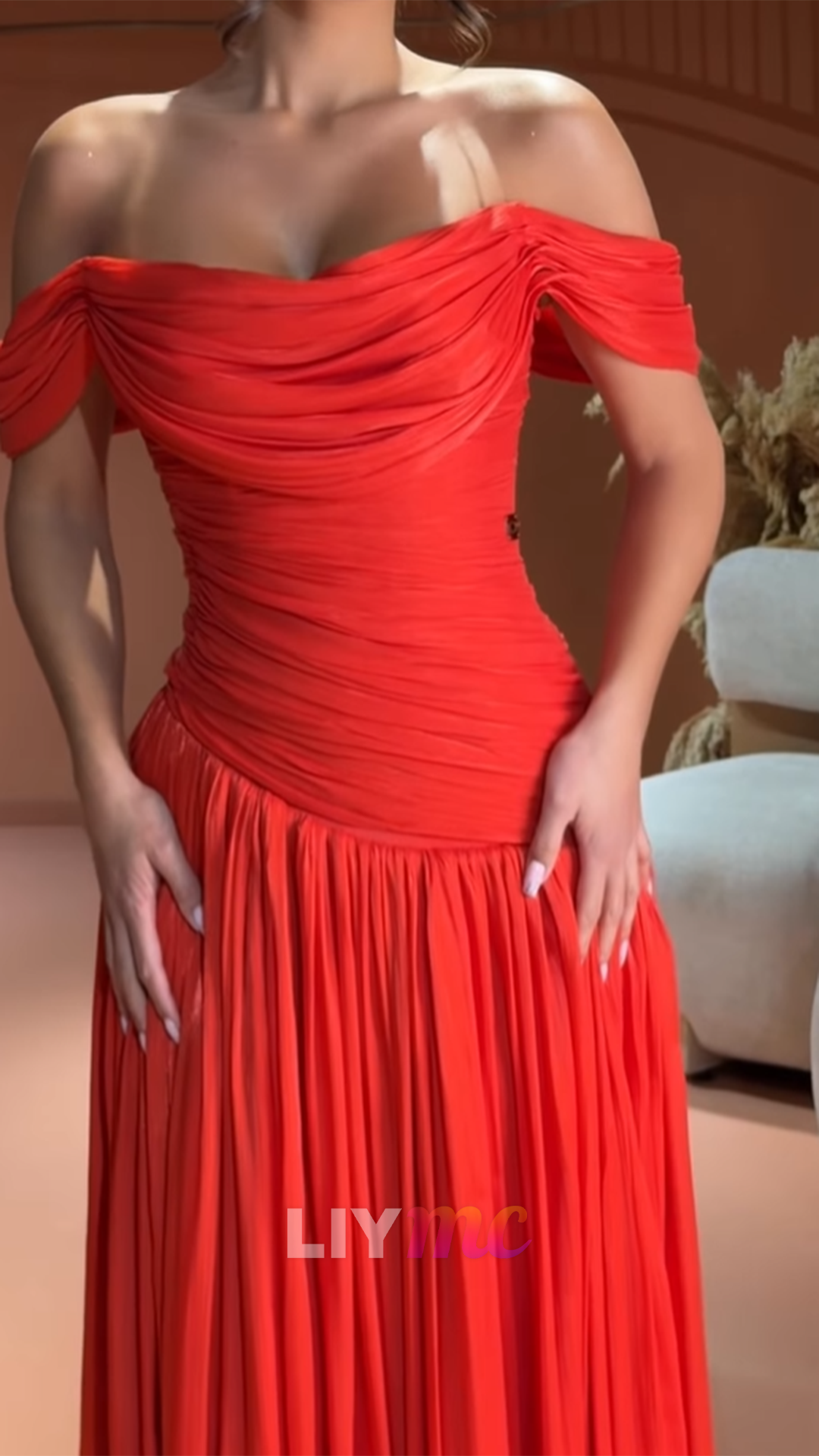 Off-Shoulder Cap Sleeves Pleated A-Line Prom Dress