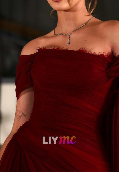 Off-Shoulder Cap Sleeves Pleated Mermaid Evening Dress