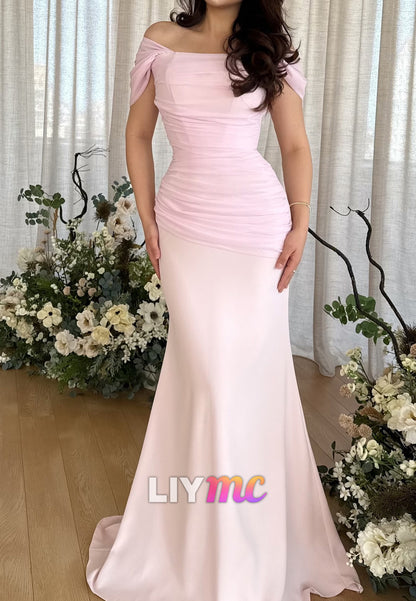 Off-Shoulder Cap Sleeves Pleated Mermaid Pink Prom Dress
