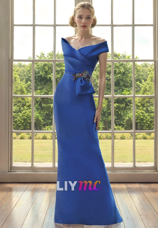 Off-Shoulder Sleeveless Ruched Floor Length Mother of Bride Dress Cocktail Dress