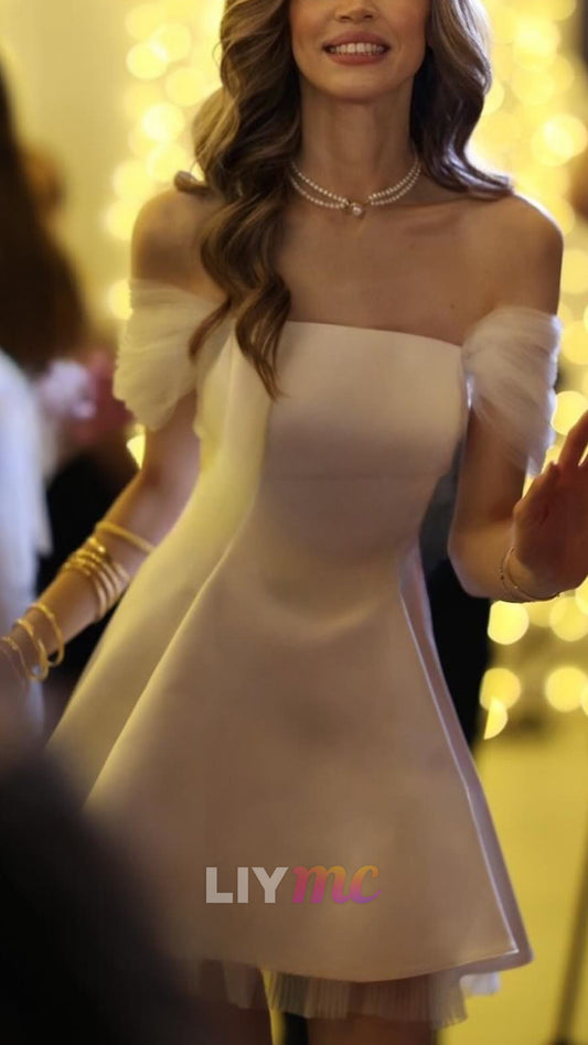 Off-Shoulder Cap Sleeves Short Satin A-Line Wedding Dress