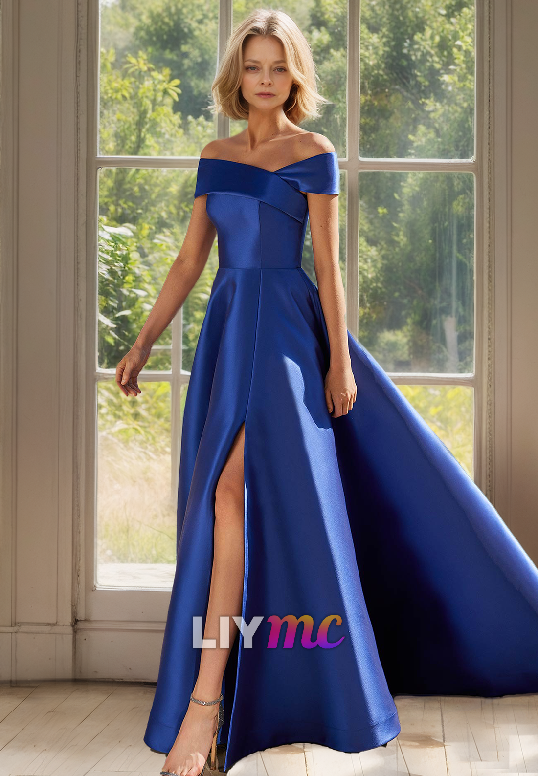 Off-Shoulder Cap Sleeves Side Slit Sleek Satin A-Line Mother of Bride Dress