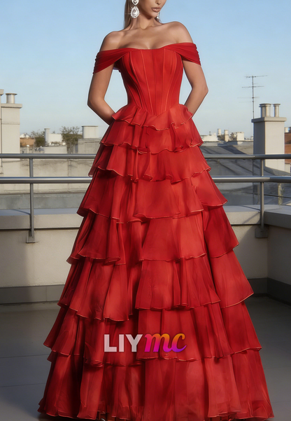 Off-Shoulder Chiffon Tiered A-Line Prom Dress