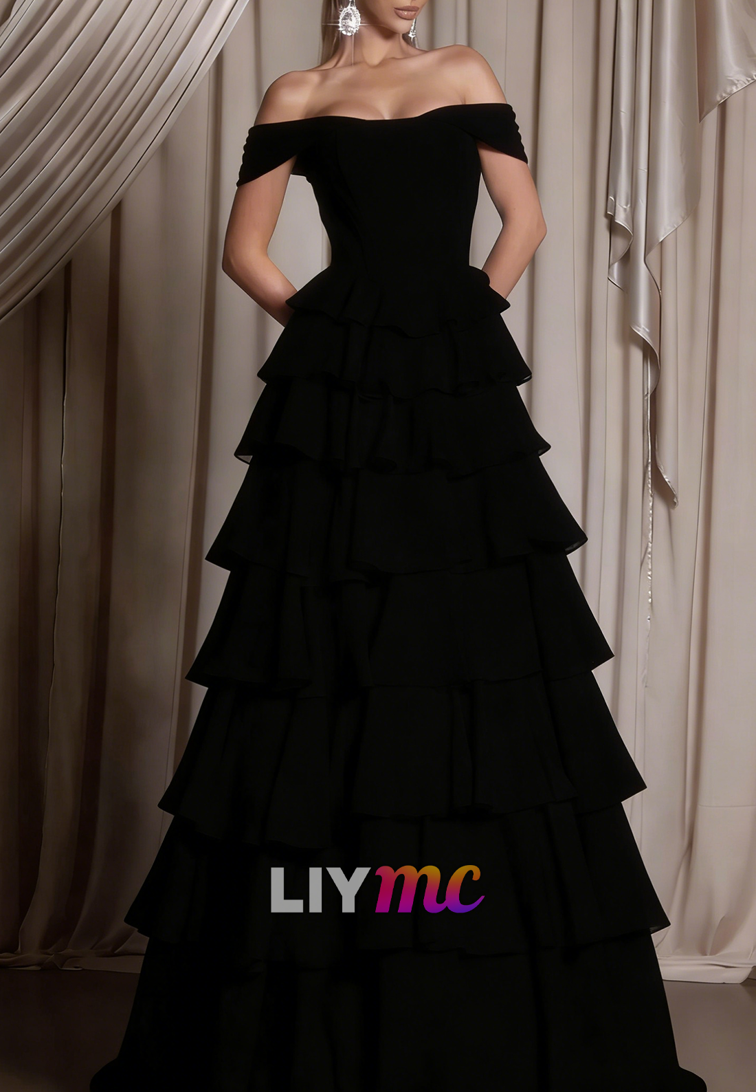 Off-Shoulder Chiffon Tiered A-Line Prom Dress